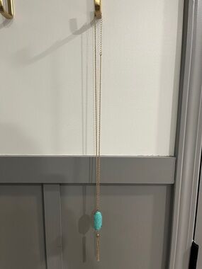 Gold Long Necklace with Turquoise Oval Pendant